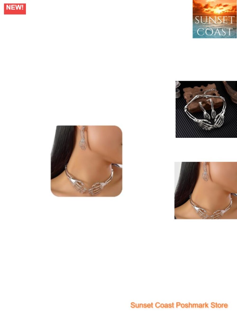Gothic Skeleton Hand Choker Necklace Earrings Set Punk Halloween Jewelry
